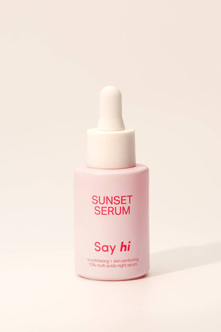 Sunset Serum, serum say hi, serum kwasowe, serum kwasowe dla cery wrażliwej, złuszczające serum do twarzy, serum złuszczające dla cery wrażliwej, serum na przebarwienia, serum przeciwzmarszczkowe, serum wegańskie, serum nocne, serum na noc, serum z kwasami, serum z kwasem traneksamowym, kwas traneksamowy, serum z kwasem maltobinowym, kwas maltobionowy, serum z kwasami AHA, serum z kwasem glikolowym, kwas glikolowy, serum stymulujące odnowe komórkowa,