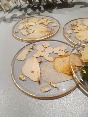 Wedding Flowers Dried and Preserved in Coasters with gold foil