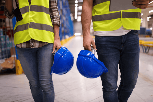 two workers wearing high visibility vests and holding blue hard hats