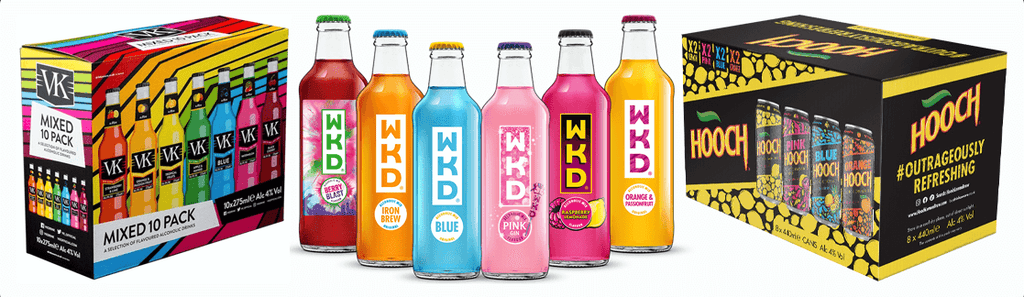 WKD Iron Brew, Hooch Pink Alcoholic Raspberry Lemonade, VK & Soda Berries. As well as sounding appealing to children these drinks are also appealing to adults.