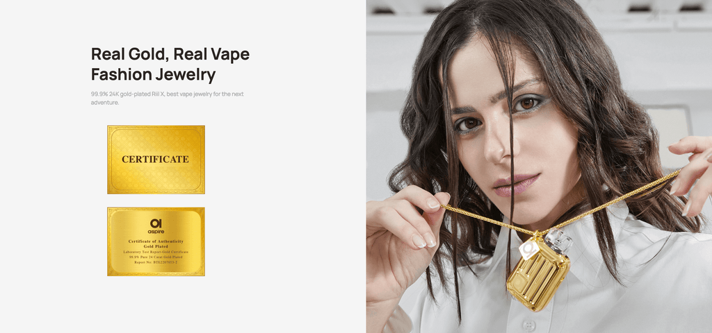 Image show lady wearing the Riil X Chain and highlights the certificate for 24K gold | "Real gold, real vape fashion jewelry - 99.9% 24k gold-plated Riil X, best vape jewelry for the next adventure."