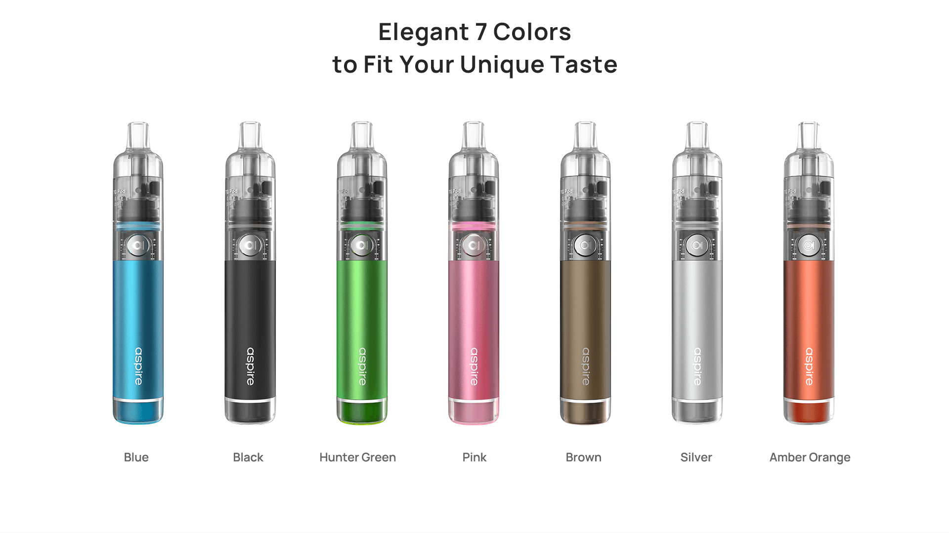 Aspire Cyber G Vape Kit colour options are Blue, Black, Hunter Green, Pink, Brown, Silver, Amber Orange