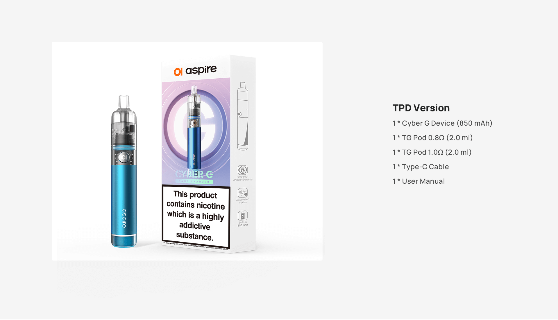 Aspire Cyber G Vape Kits | what's included in the box? device, 0.8ohm pod, 1.0ohm pod, usb cable, user manual