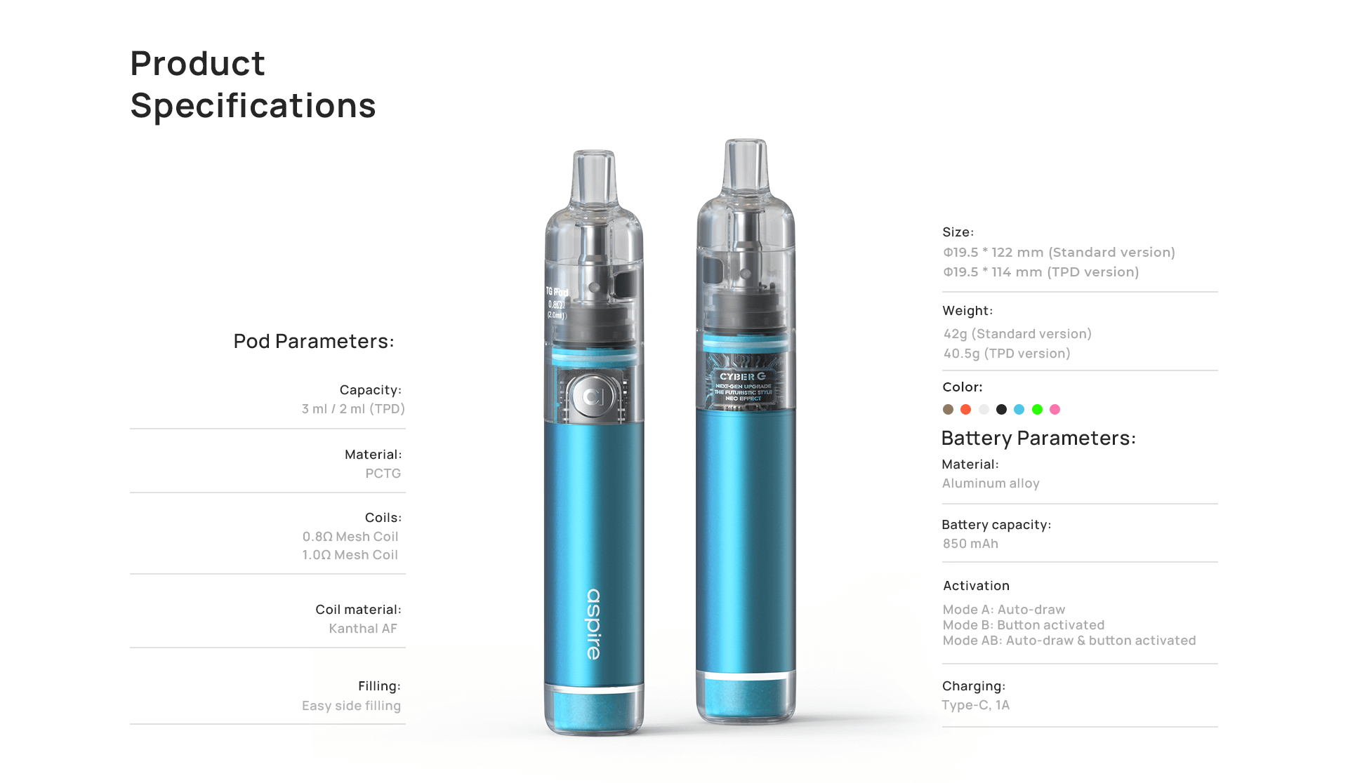 Aspire Cyber G Vape Kit - product specifications