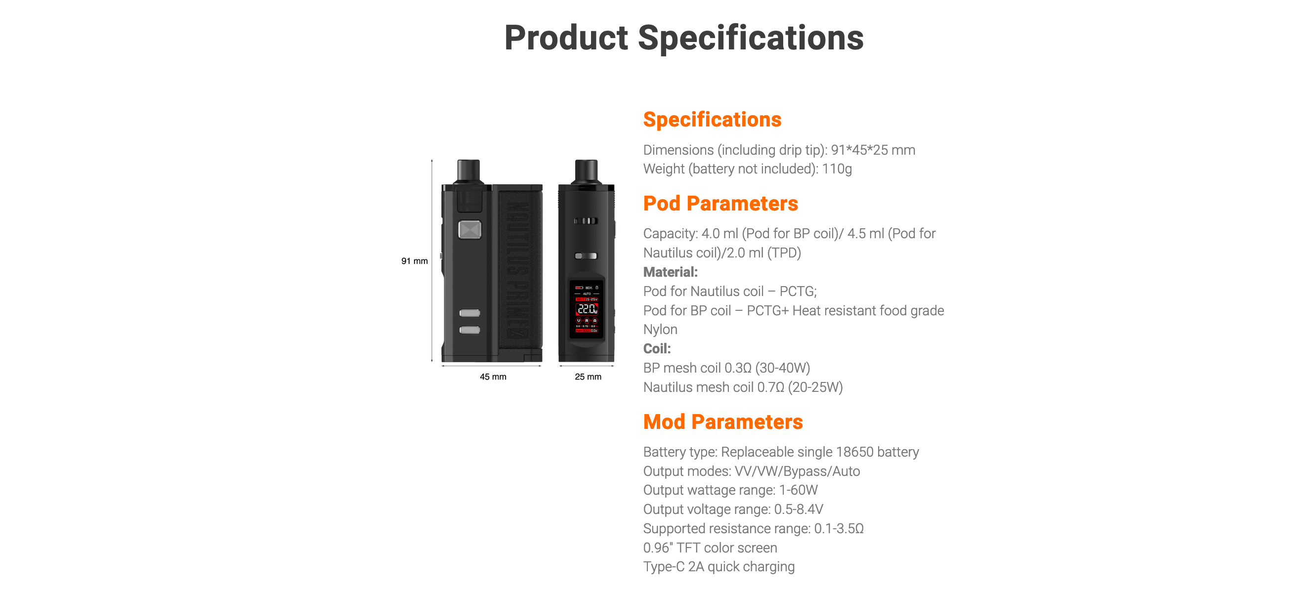 Aspire Nautilus Prime X Specification