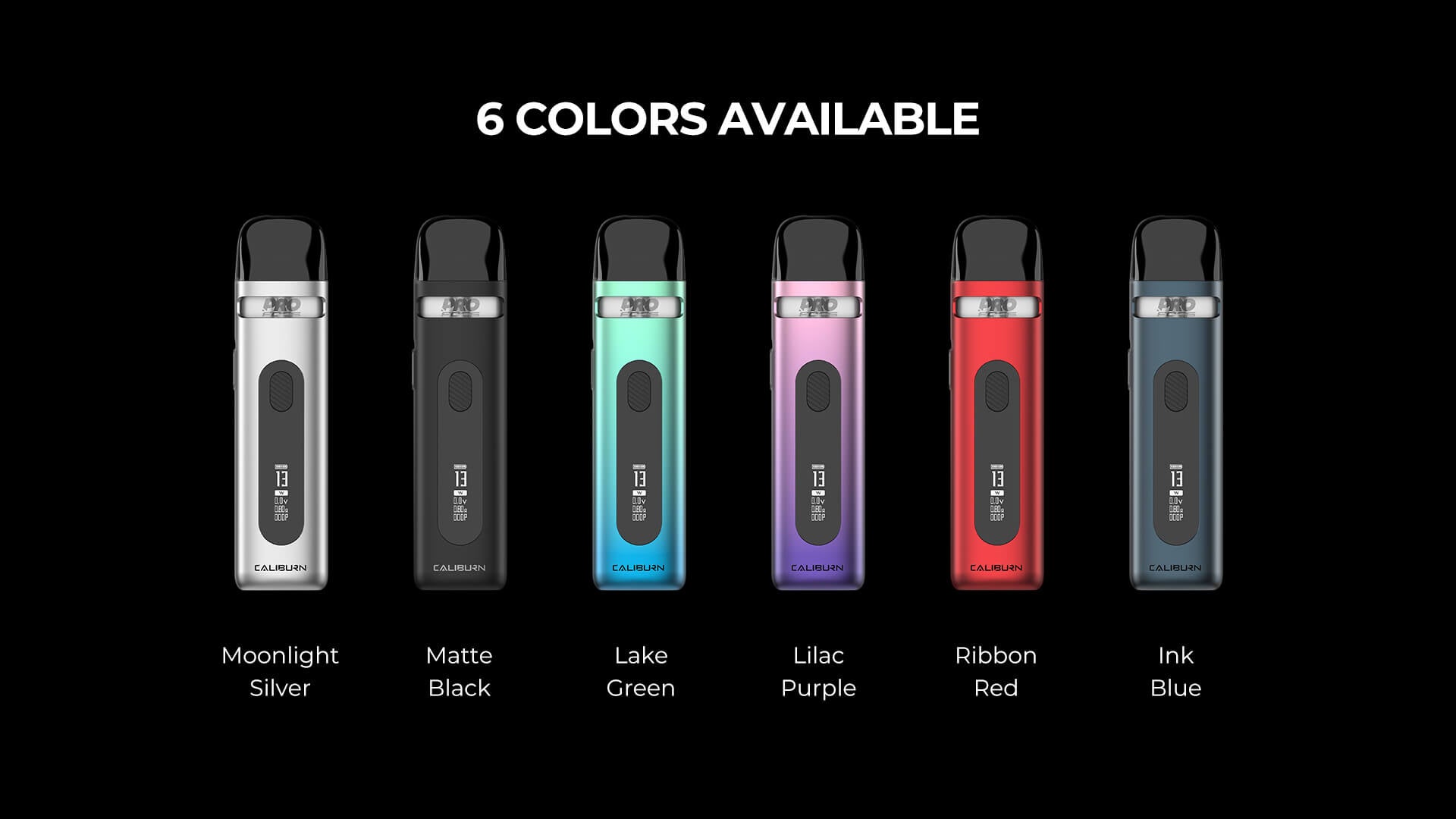 Uwell Caliburn X colour options | Moonlight Silver, Matte Black, Lake Green, Lilac Purple, Ribbon Red, Ink Blue