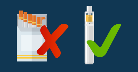 Smoking vs Vaping. Cigarettes crossed out with a red cross and a vape device with a green tick next to it