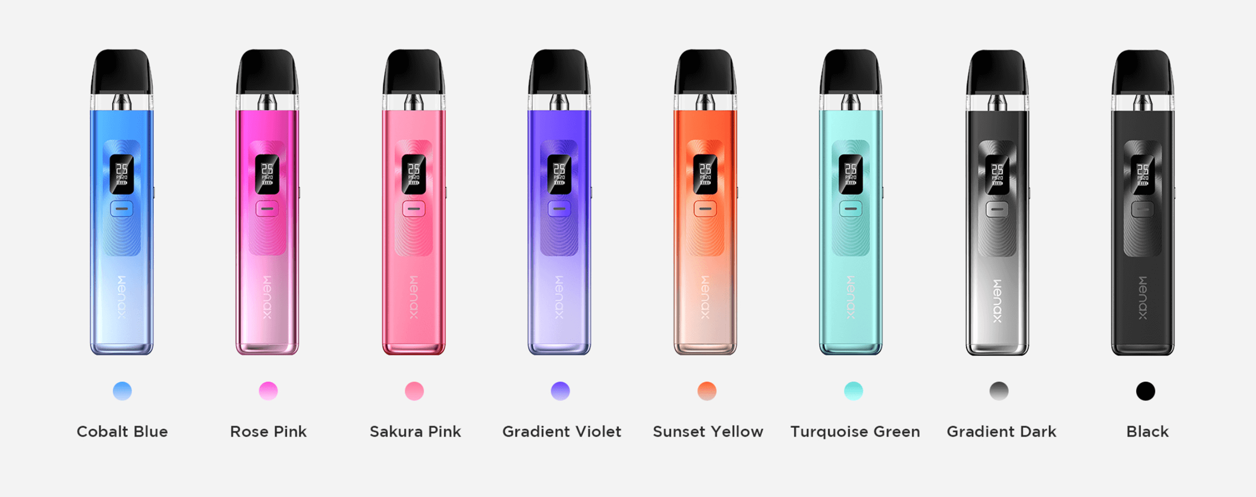 Geekvape Wenax Q Pod Kit colour options - cobalt blue, rose pink, sakura pink, gradient violet, sunset yellow, turquoise green, gradient dark and black