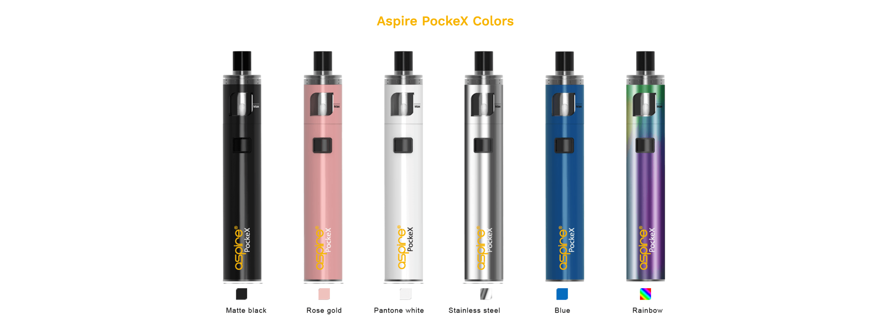 Aspire Pockex | Colour options | Black, Rose Gold, White, Stainless Steel, Blue, Rainbow