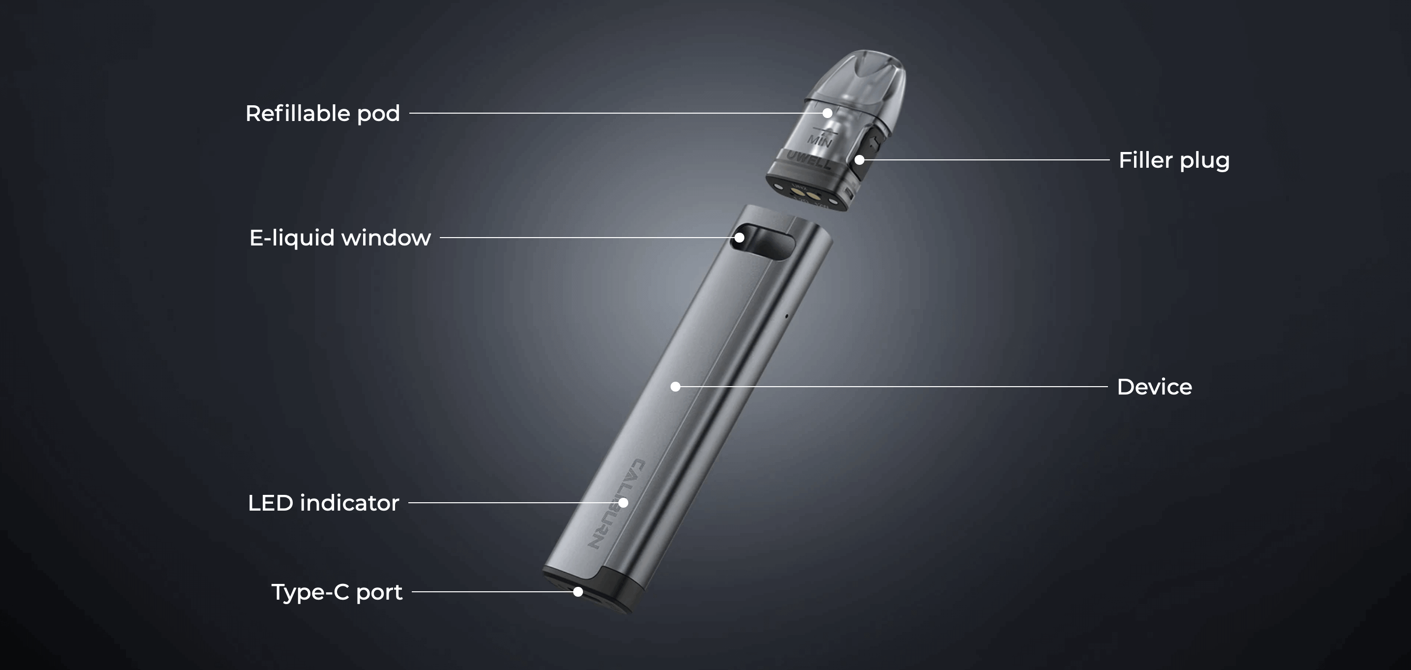 Caliburn A2S by Uwell - expanded view