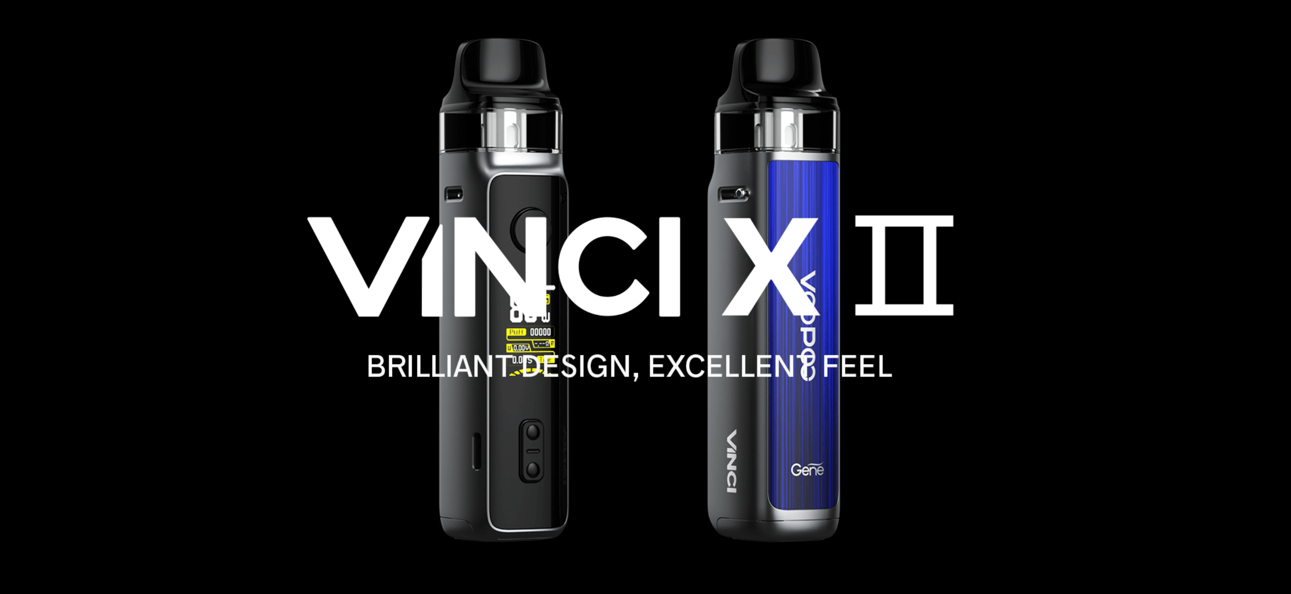 Voopoo Vinci X 2 | 'Brillian Design, Excellent Feel' | Image shows black and blue device