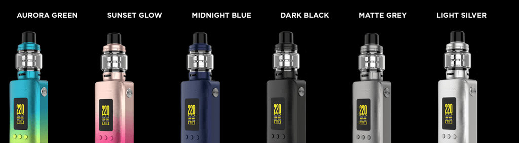 Vaporesso Gen 200 kit colours options | Aurora Green, Sunset Glow, Midnight Blue, Dark Black, Matte Grey, Light Silver