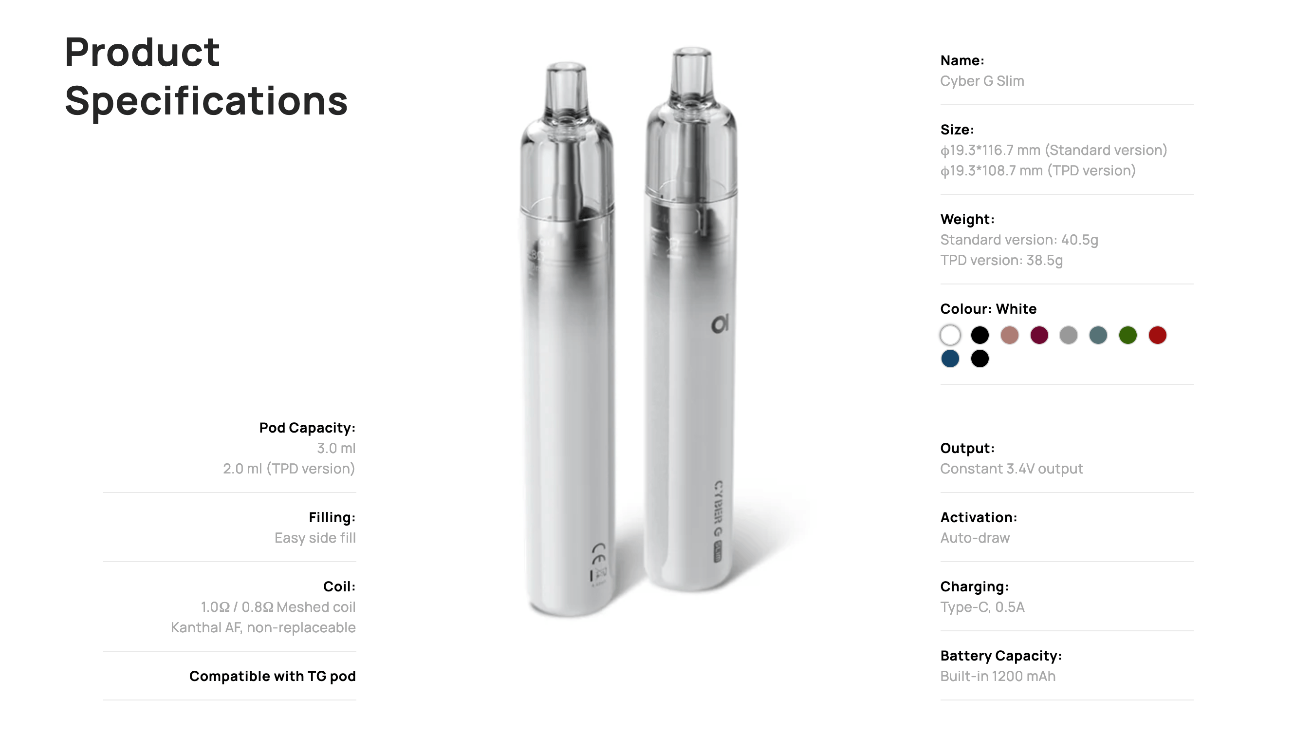 Aspire Cyber G Slim Vape Kit - Product Specifications