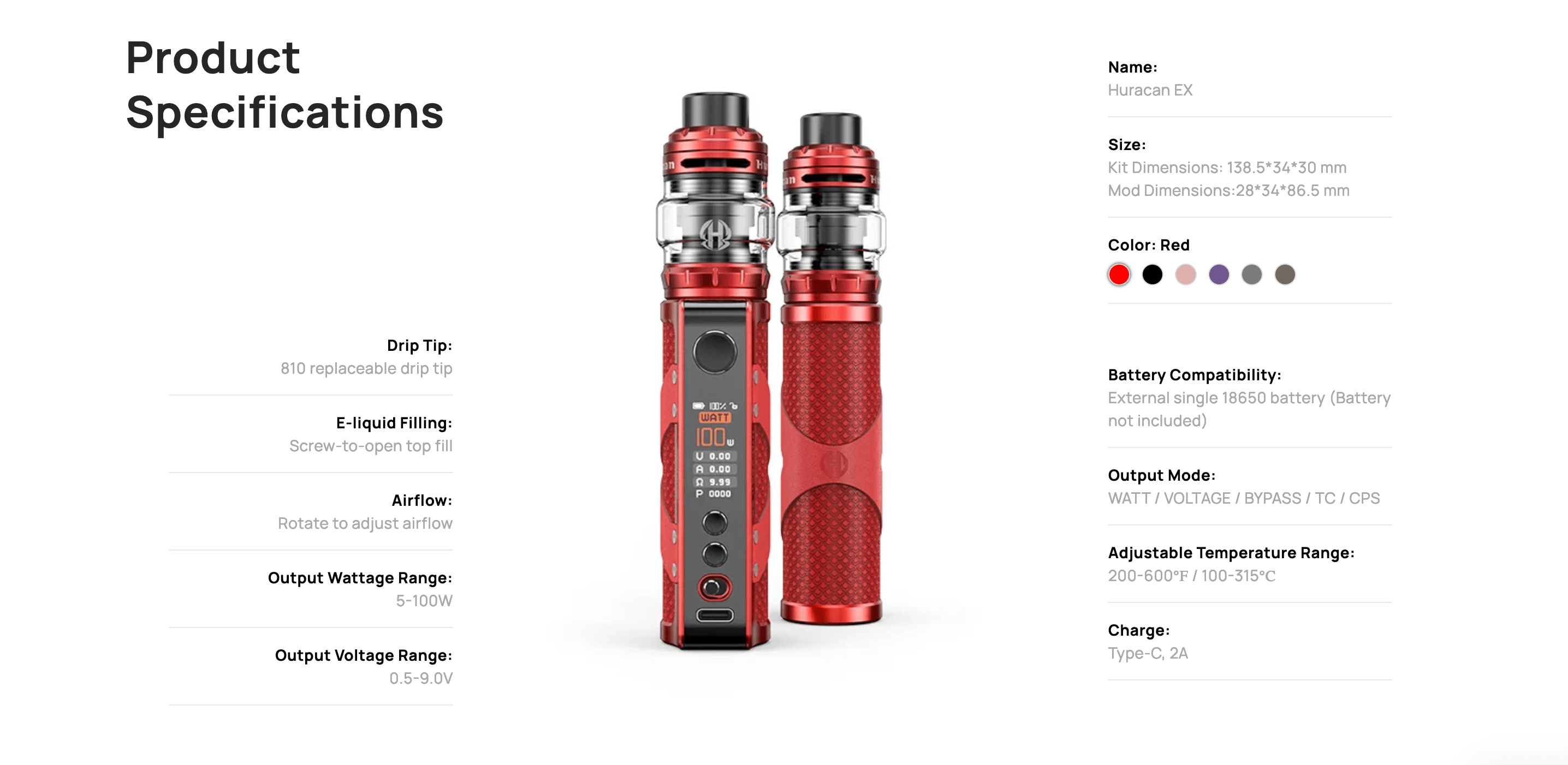 Aspire Huracan EX Vape Kit - Product Specifications