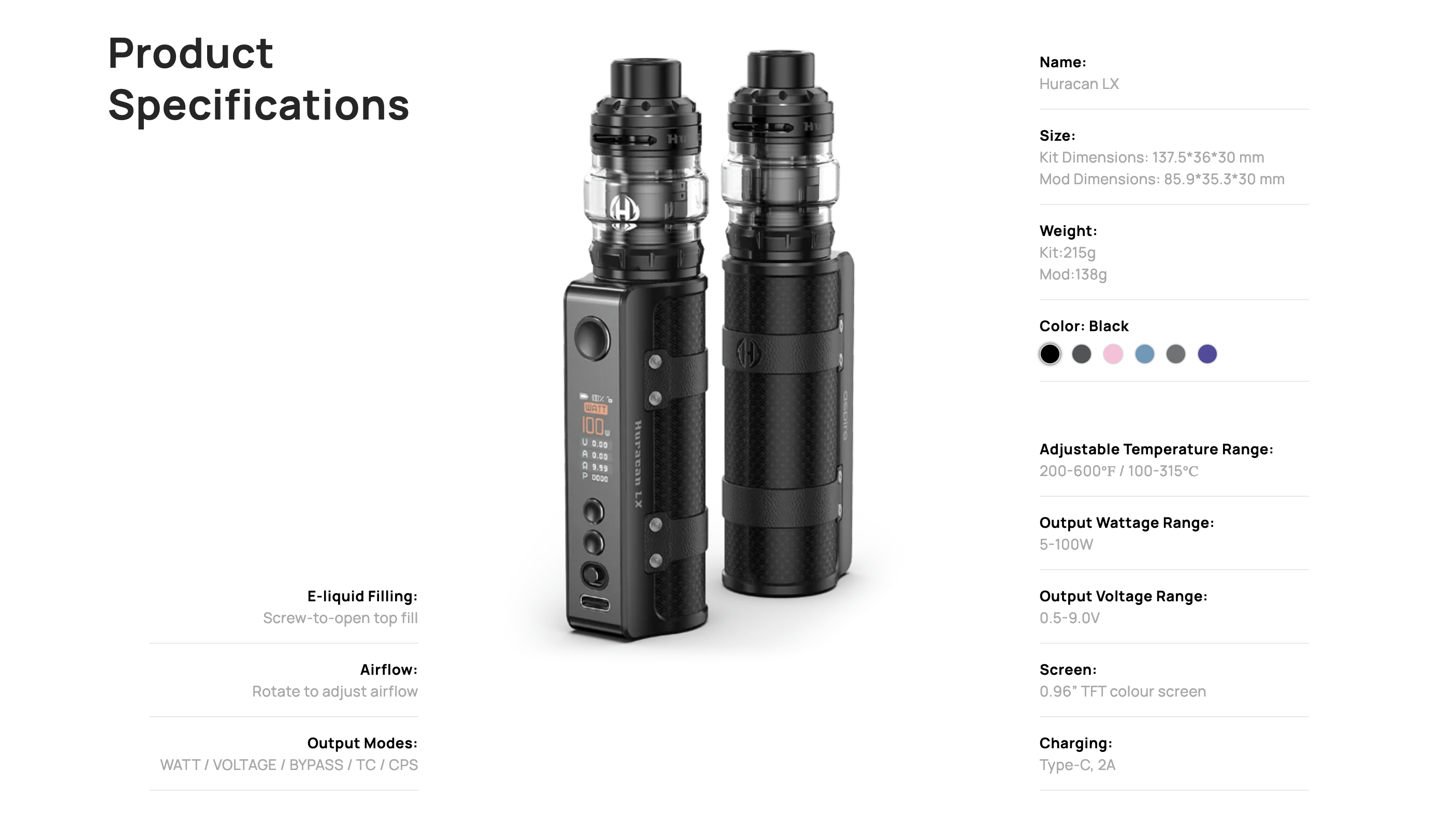 Aspire Huracan LX - Product Specifications