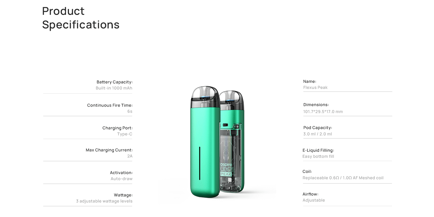 Aspire Flexus Peak Pod Kit - product specification