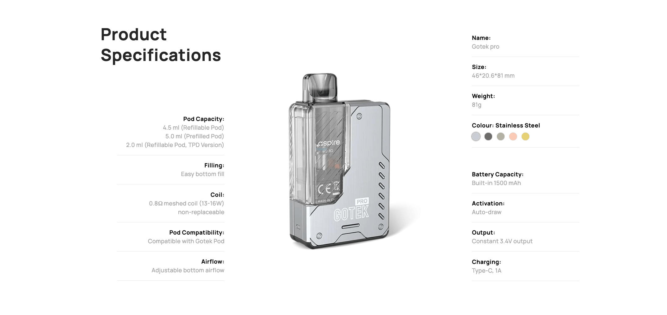 Aspire Gotek Pro Kit - product specifications