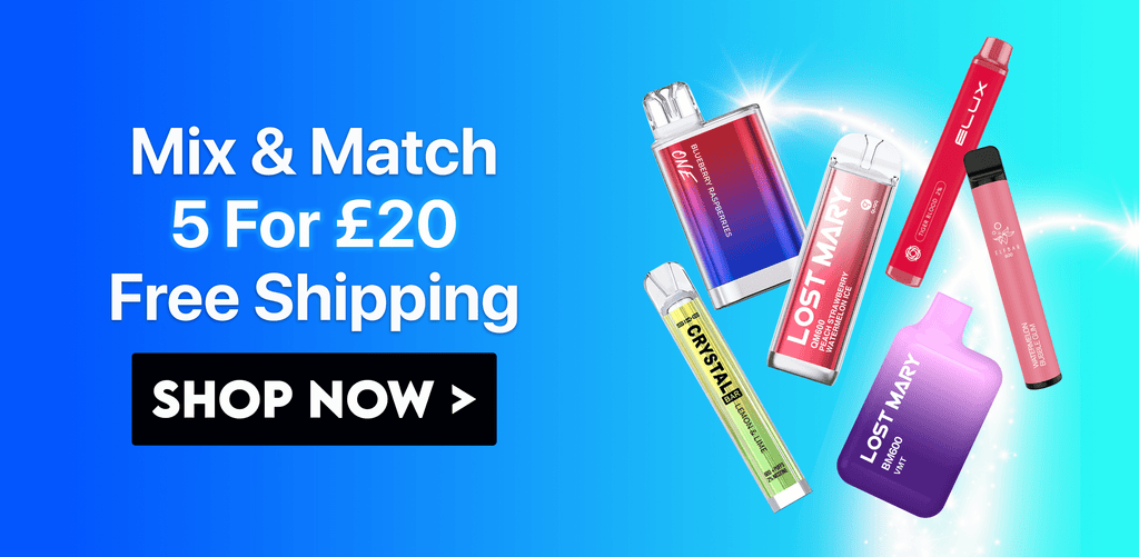 Disposable Vapes Mix and Match Deal 5 For £20 Shop Now banner with images of various disposable vapes. Mentions our free shippinf offer on orders over £20.