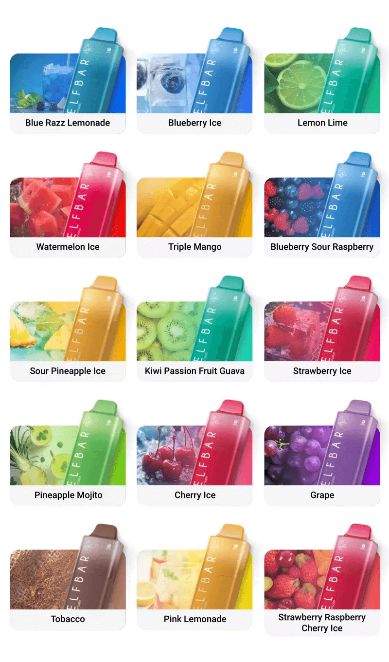 Elf Bar AF5000 15 Flavour Options | Blue Razz Lemonade, Blueberry Ice, Lemon Lime, Watermelon Ice, Triple Mango, Blueberry Sour Raspberry, Sour Pineapple Ice,Kiwi Passion Fruit Guava, Strawberry Ice, Pineapple Mojito, Cherry Ice, Grape, Tobacco, Pink Lemonade, Strawberry Raspberry Cherry Ice.