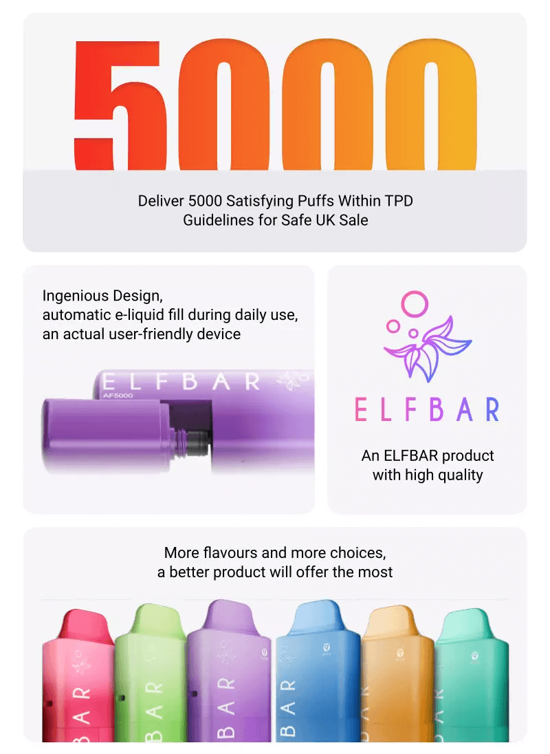 Elf Bar AF5000 Information | Deliver 5000 satisfying puffs within TPD guidelines for safe UK sale. Ingenious design, automatic e-liquid fill during daily use, an actual user-friendly device. More flavours and more choices, a better product will offer the most.