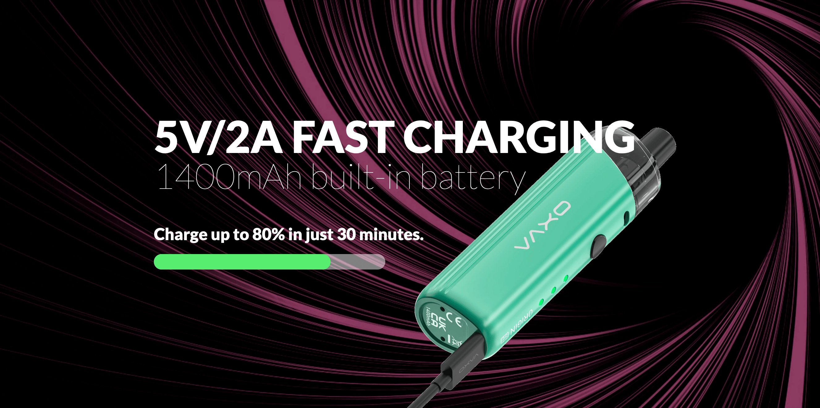 Oxva Origin SE | 1400mah built in battery. 5V/2A Fast Charging