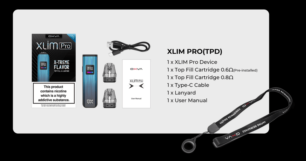Oxva Xlim Pro Kit packing list: Xlim Pro device, 2 x pods, Type-C USB, lanyard, user manual