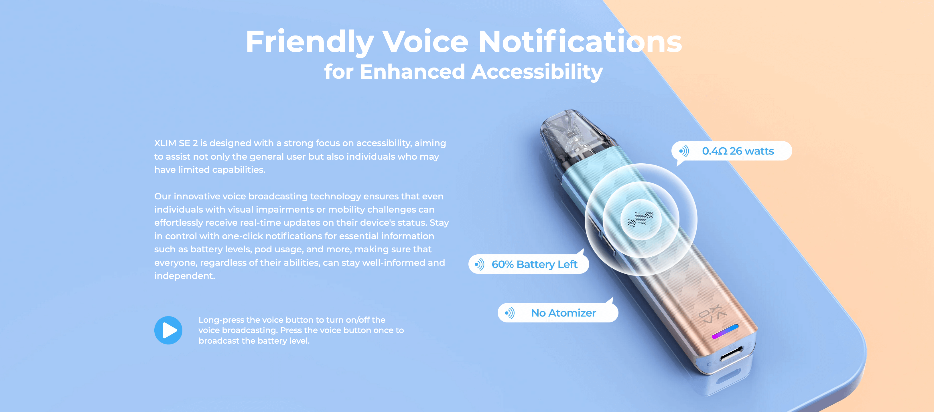 Oxva Xlim SE 2 Kit - friendly voice notifications for enhanced accessibility