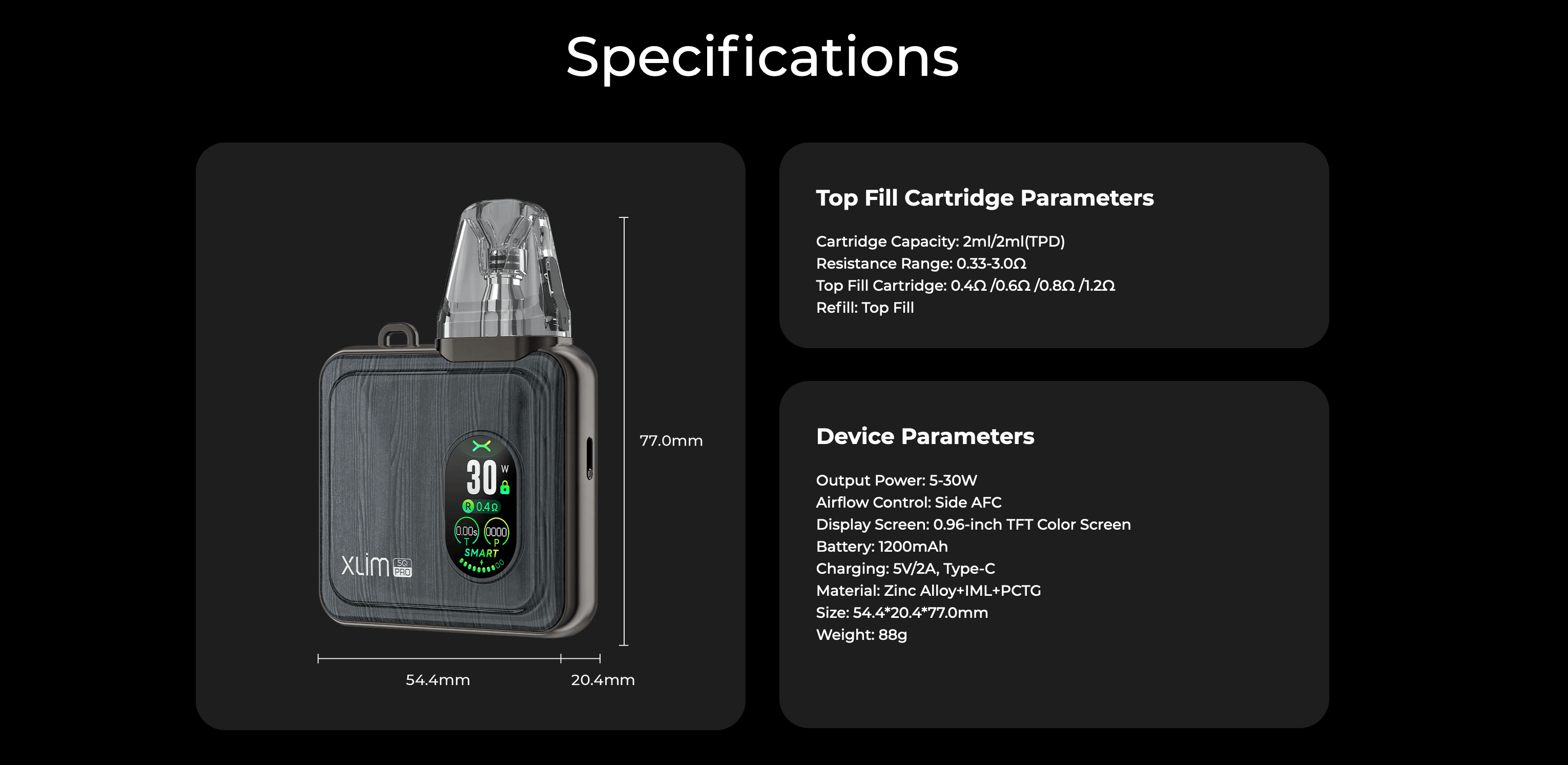 Oxva Xlim SQ Pro - Specifications