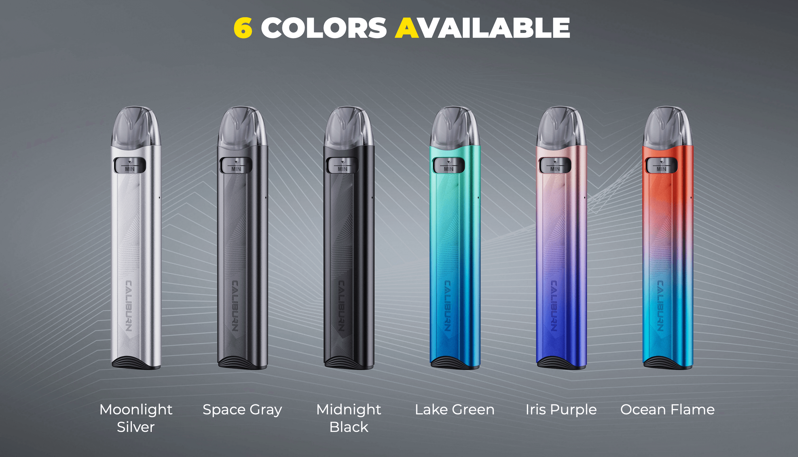 Caliburn A3S Pod Vape Kit by Uwell - 6 colour options; Moonlight Silver, Space Grey, Midnight Black, Lake Green, Iris Purple, Ocean Flame