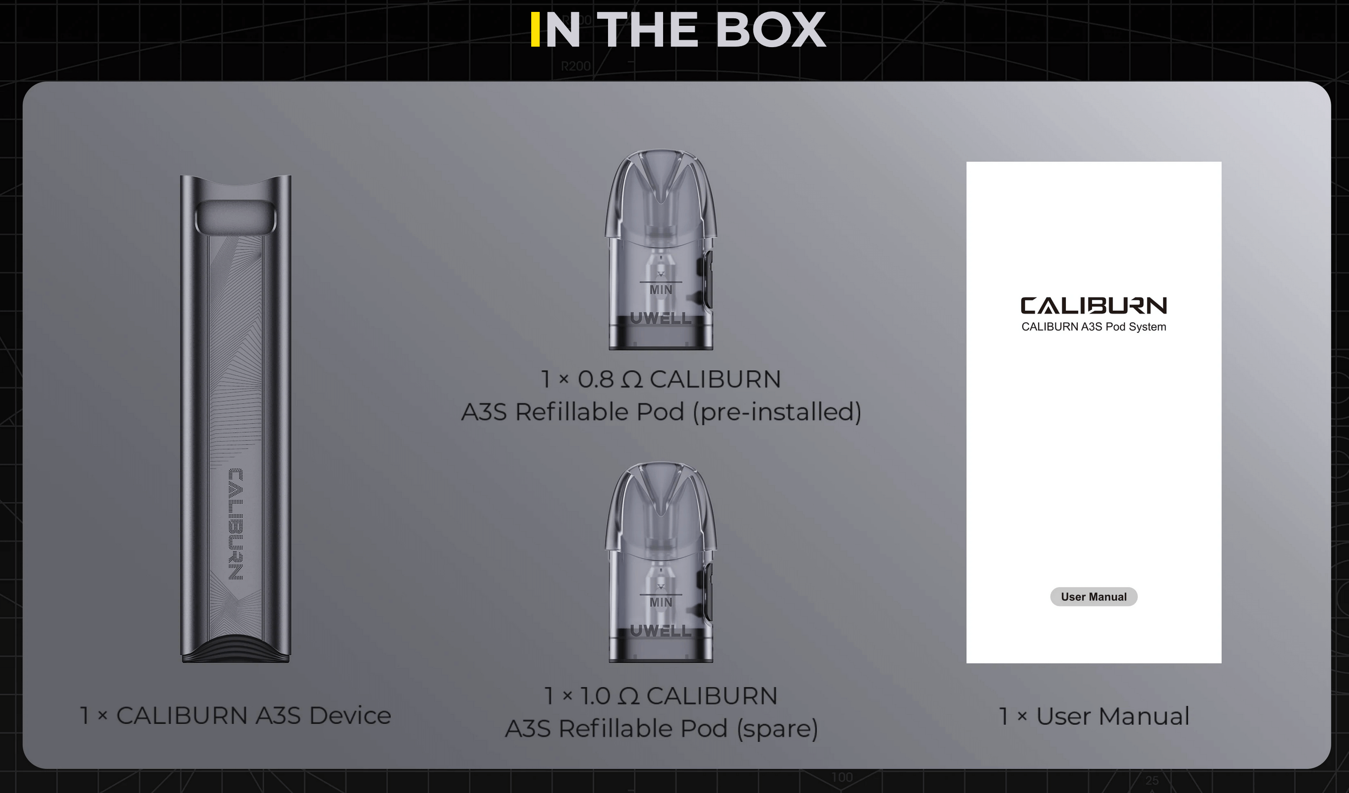 Caliburn A3S Pod Vape Kit by Uwell - box contents (A3S device, 0.8ohm pod, 1.0ohm pod and user manual)