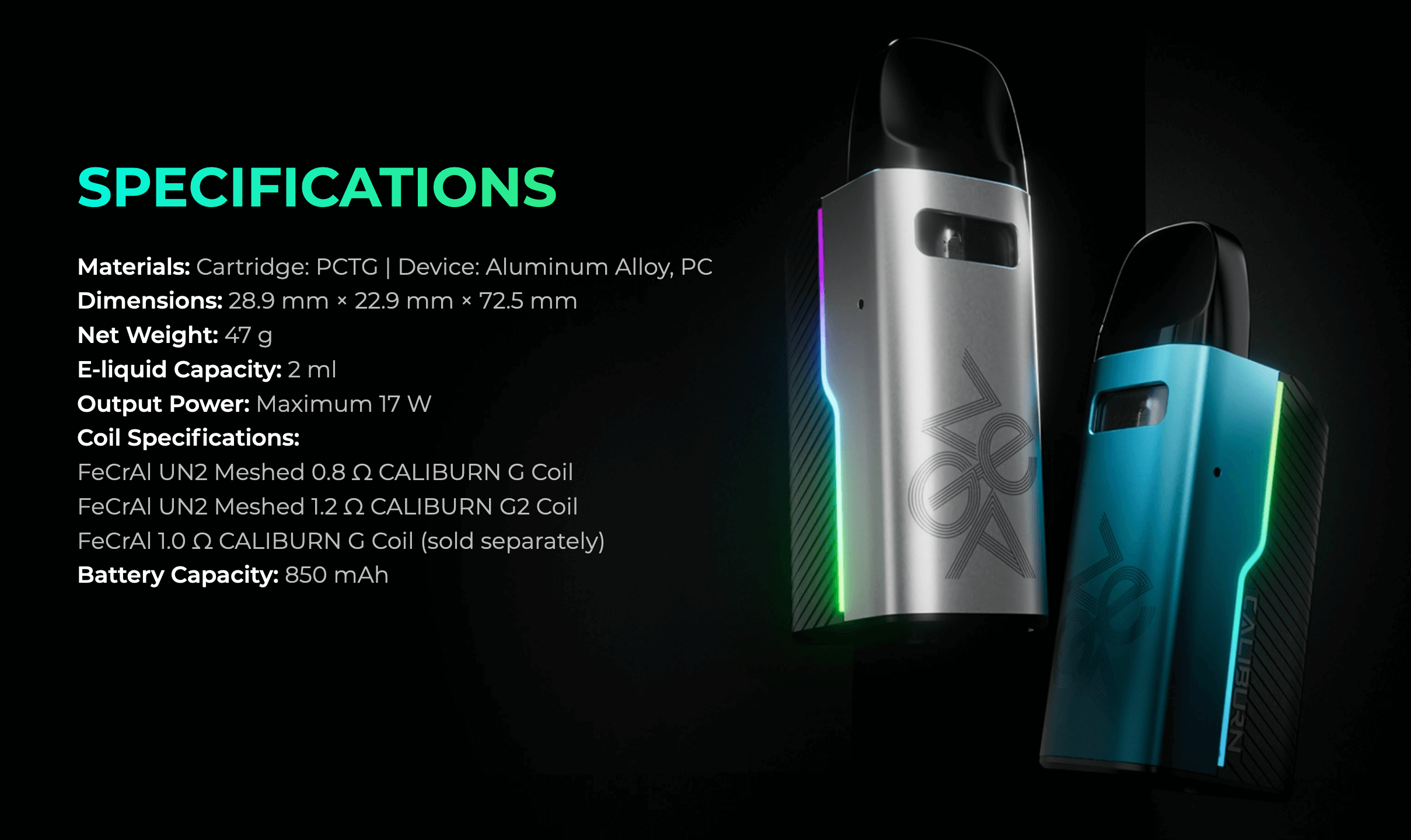 Caliburn GZ2 Vape Kit by Uwell - Specifications