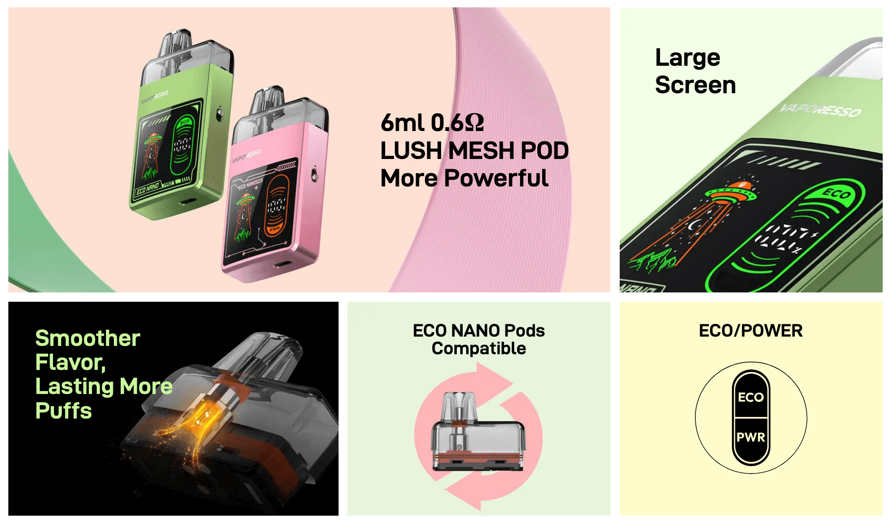 Vaporesso Eco Nano Pro | Highlight Features - 0.6ohm LUSH Mesh Pod, Large Screen, Eco Nano Pod Compatible, Eco/Power Modes