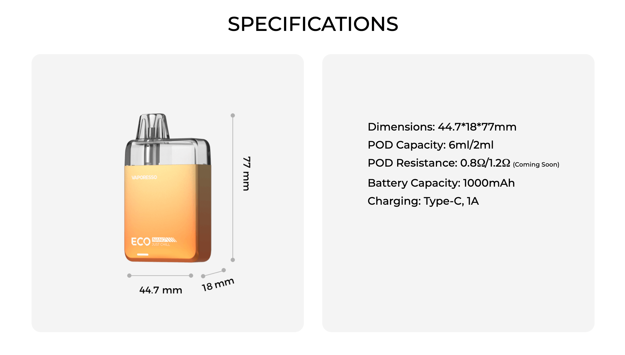 Vaporesso Eco Nano Vape Kit - Specifications