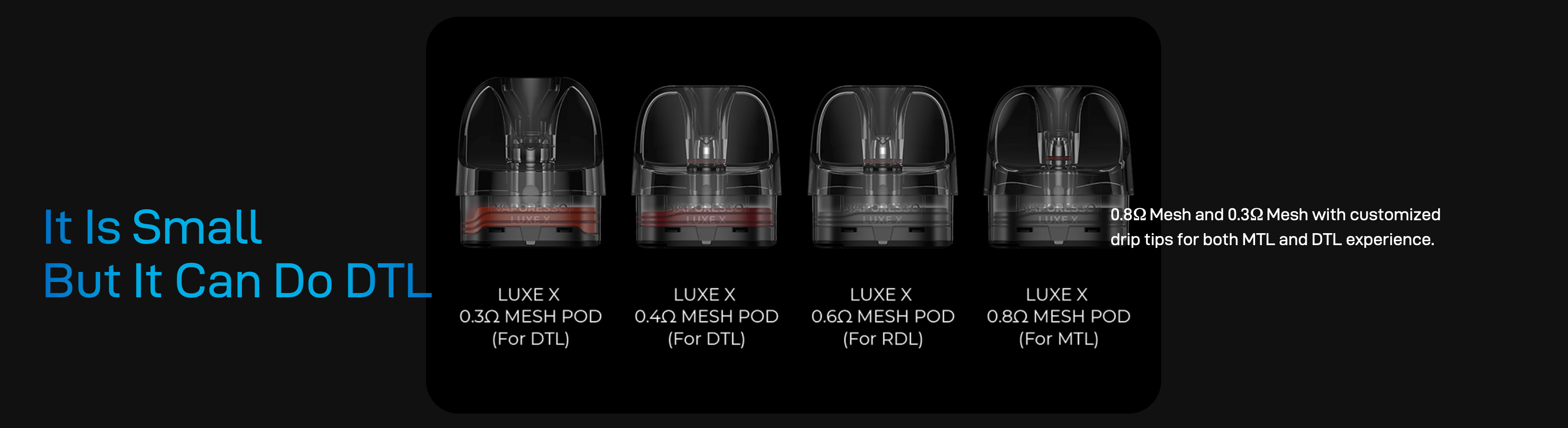 Vaporesso Luxe X Pods - Coil restistance options; 0.3, 0.4, 0.6 and 0.8ohm