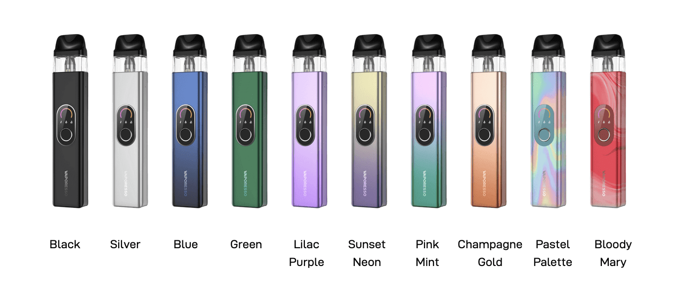 Vaporesso XROS 4 | Colour Options; black, silver, blue, green, lilac purple, sunset neon, pink mint, champagne gold, pastel palette, bloody mary