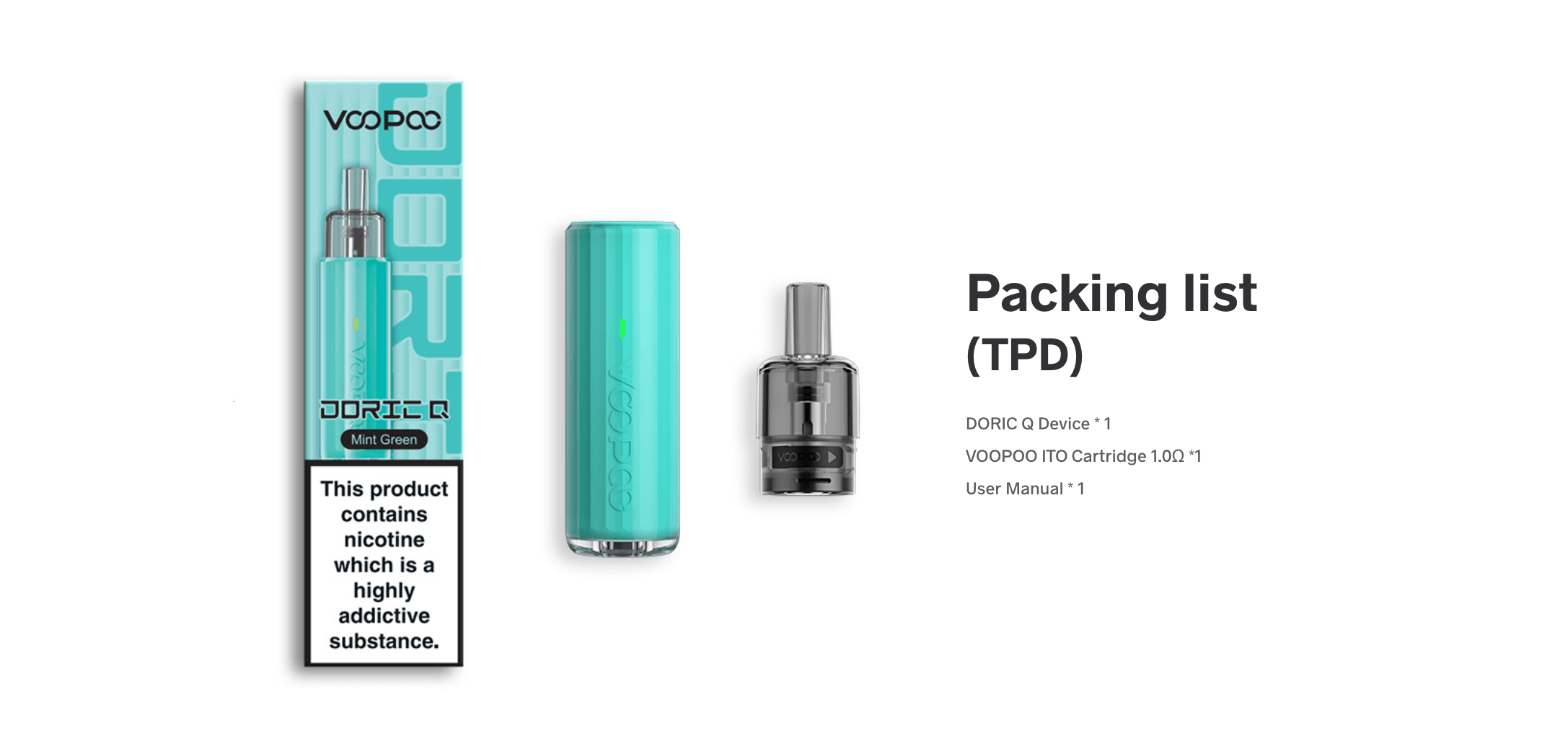 Voopoo Doric Q Pod Kit | Packing list - Doric Q device, ITO 1.0ohm cartridge, user manual