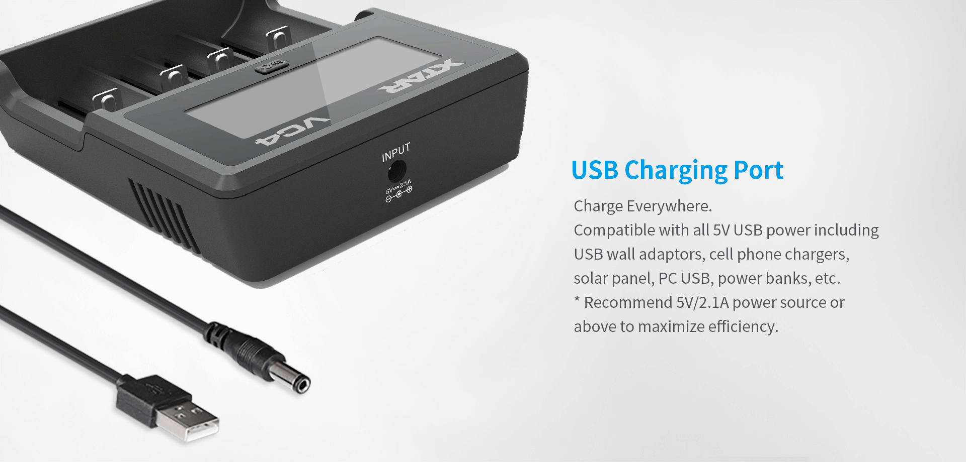 XTAR VC4 Charger | USB Charging Port