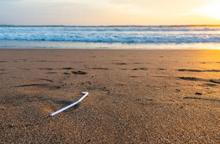 single-use plastic on beach, plastic straw on beach foreshore, on sand