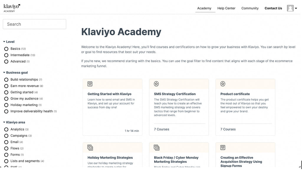 Klaviyo academy dashboard