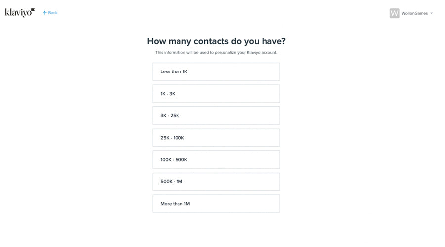 Klaviyo asks for the number of contacts when signing up
