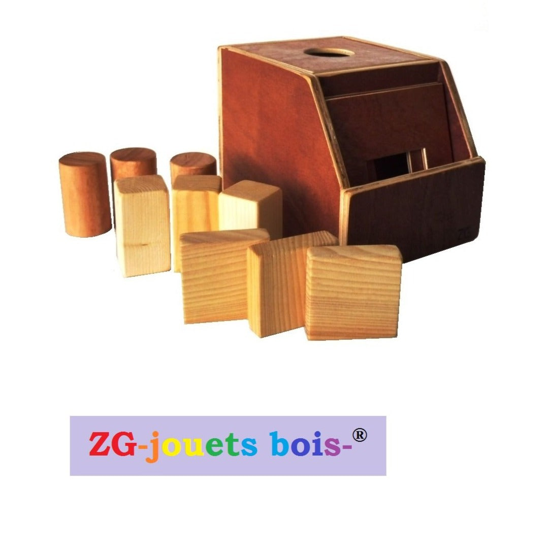 Boite à formes en bois progression montessori, 3 formes géométriques et plaques interchangeables, produit artisanal ZG-jouetsbois-