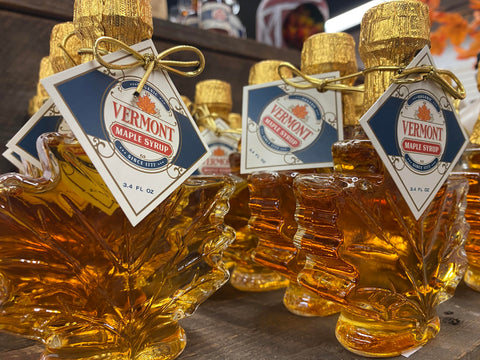 Vermont Maple Syrup in decorative clear glass leaf bottles