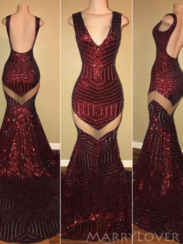 Sexy See Through Mermaid Red Sequin Long Evening Prom Dresses, V Neck ...