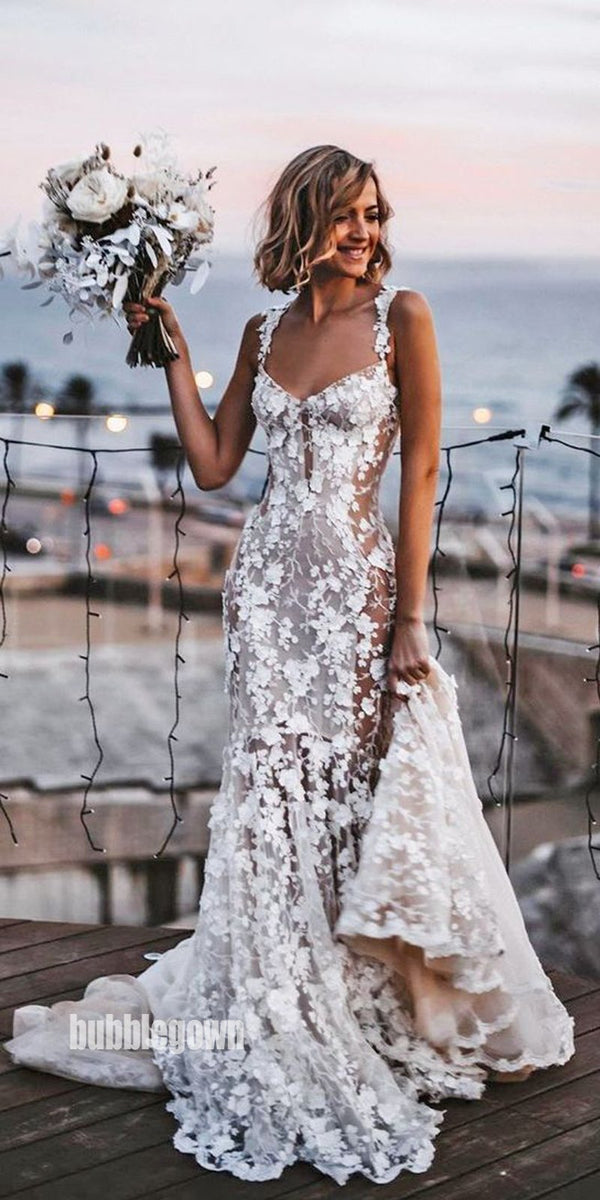 Elegant Spaghetti Strap Applique Tulle Long Wedding Dresses Bgh079