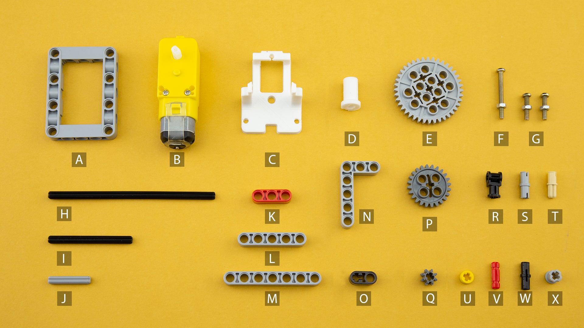 LEGO®-compatible components, DC gear motors, and custom 3D printed parts