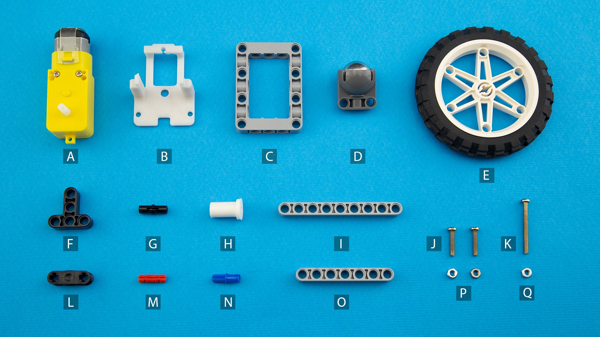 LEGO®-compatible components, DC gear motors, and custom 3D printed parts