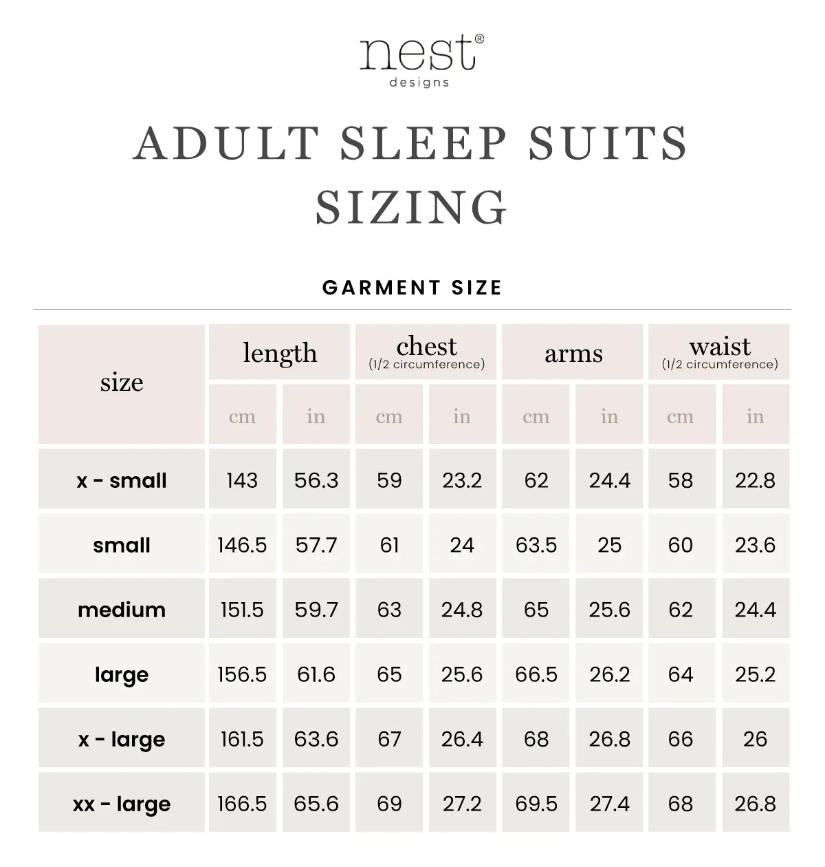 Nest Designs Sizing Guide