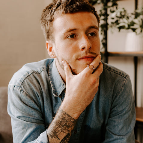 Person pondering wearing circle fidget ring