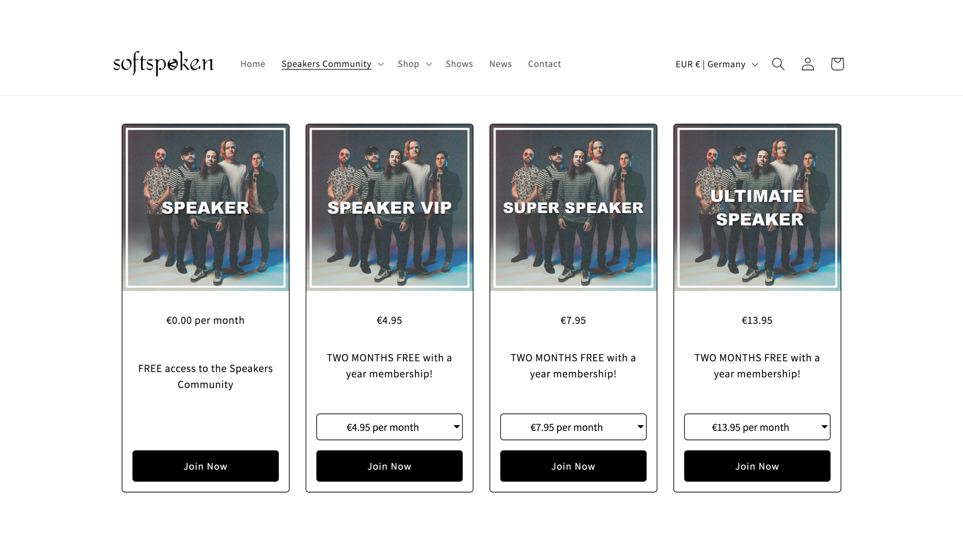 Softspoken band fan club tiers on Shopify with Single Memberships