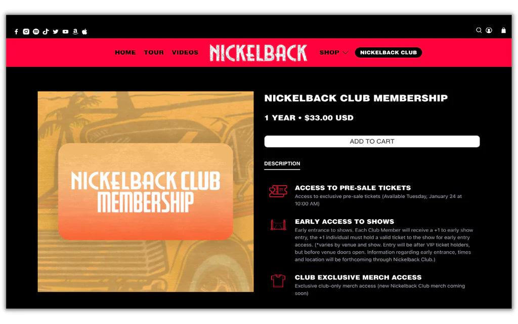 nickelback fan club exclusive merch with presale codes for members
